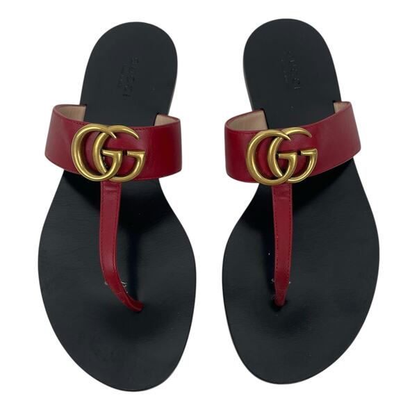 Gucci Red Leather Thong Sandals Gold Double G Logo Size 37 - Picture 1 of 10